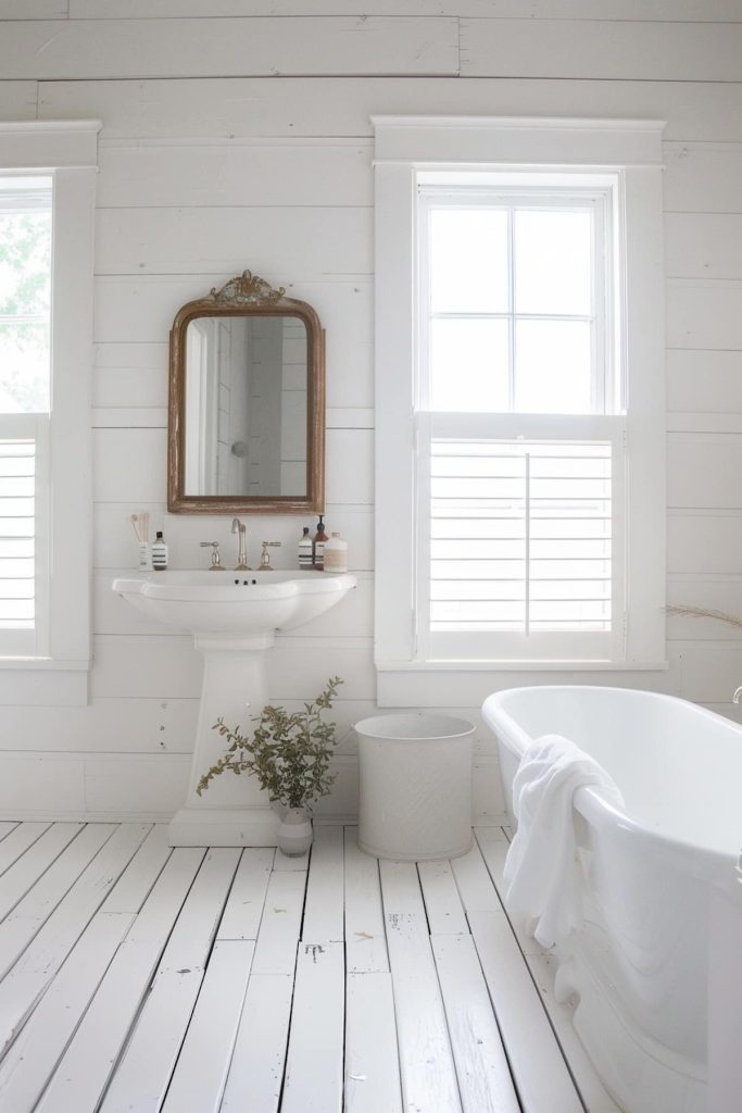 An all-white color palette is broken up only by a vintage French mirror, creating a space that feels both calm and spacious. The simplicity of the color scheme highlights the mirror's intricate details.