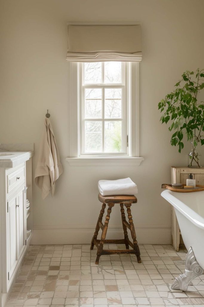 An antique wooden stool offers a rustic seating option and radiates a warmth that only worn wood can radiate. Its simple design and aged patina blend seamlessly into the rustic elegance of the French country bathroom.