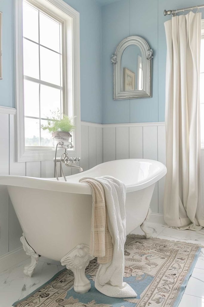 The soft blue and white color scheme creates a harmonious and refreshing visual melody, reminiscent of a clear sky over a cotton field. This calming palette gives the room a feeling of calm and serenity.