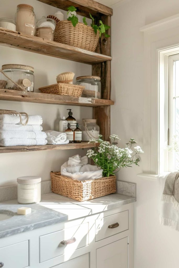 Worn wooden shelves exude rural charm and display valuable knick-knacks and toiletries. The weathered surface gives the storage solutions character.