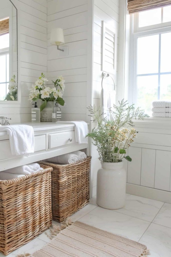 Sturdy wicker baskets add a natural touch and are a clever storage solution that matches the idyllic charm of the room. These baskets are perfect for organizing towels, toiletries, and other essentials while maintaining a unified look.