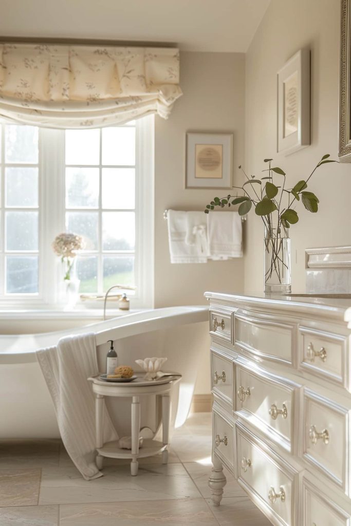 Selected pieces of classic French provincial furniture serve both practical and aesthetic purposes in this pastoral-inspired bathroom. Their elegant curves and timeless craftsmanship enhance the beauty of the room.