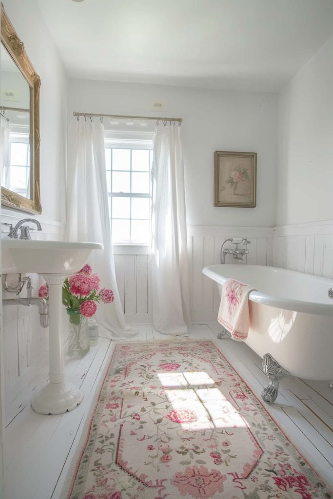 Hand-woven floral patterned rugs provide warmth underfoot and a lovely sense of comfort in the washroom. The intricate designs and soft textures enhance the inviting and homely atmosphere of the room.