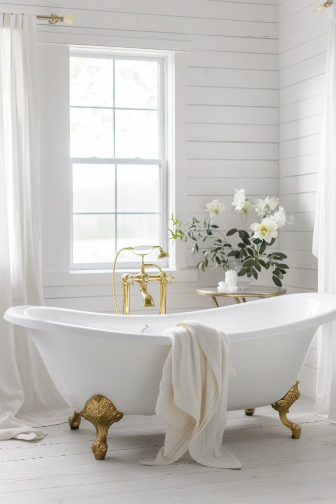 A flawless porcelain bathtub with gold accents offers a luxurious bath in an ambience of understated elegance. The combination of white porcelain and shiny gold creates a visual highlight in an otherwise matt white bathroom.