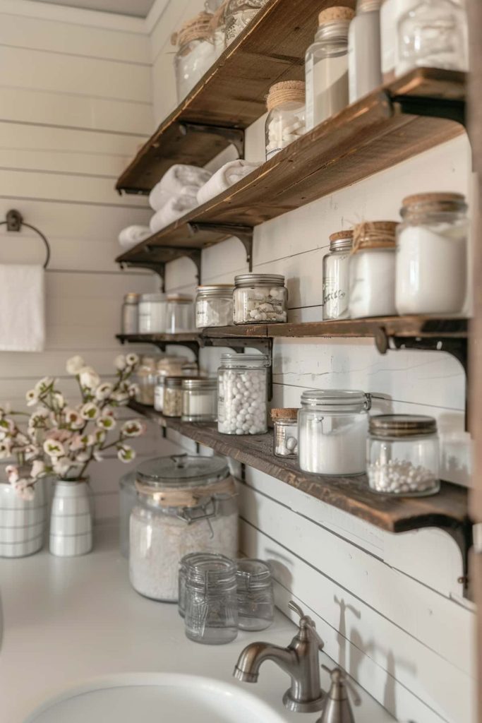 A row of vintage apothecary jars line the shelves. They add to the old-fashioned charm of the room while keeping essentials like cotton balls and bath salts neatly organized.