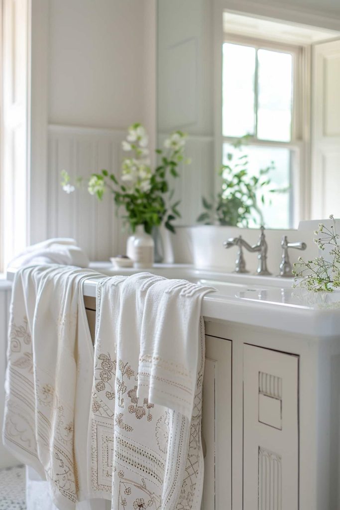 Embroidered towels hang gracefully in the bathroom, their intricate stitches a testament to hand-woven care. They add a touch of elegance and personal craftsmanship to the bathroom.