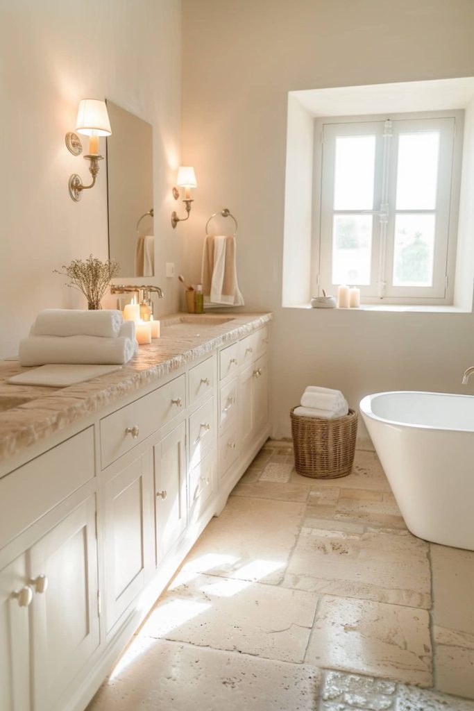 Natural stone countertops are illuminated by the flickering of gently scented candles scattered across the countertop. The combination of stone and candlelight creates an earthy atmosphere and perfectly emphasizes the French country atmosphere.