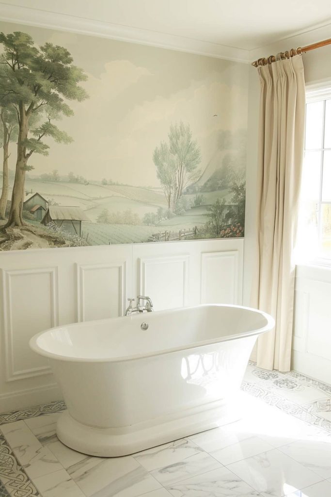 Simple but striking wall decals inspired by the French countryside add a touch of whimsy to walls. The decal affixed to an accent wall in this bathroom conveys an image of idyllic living.