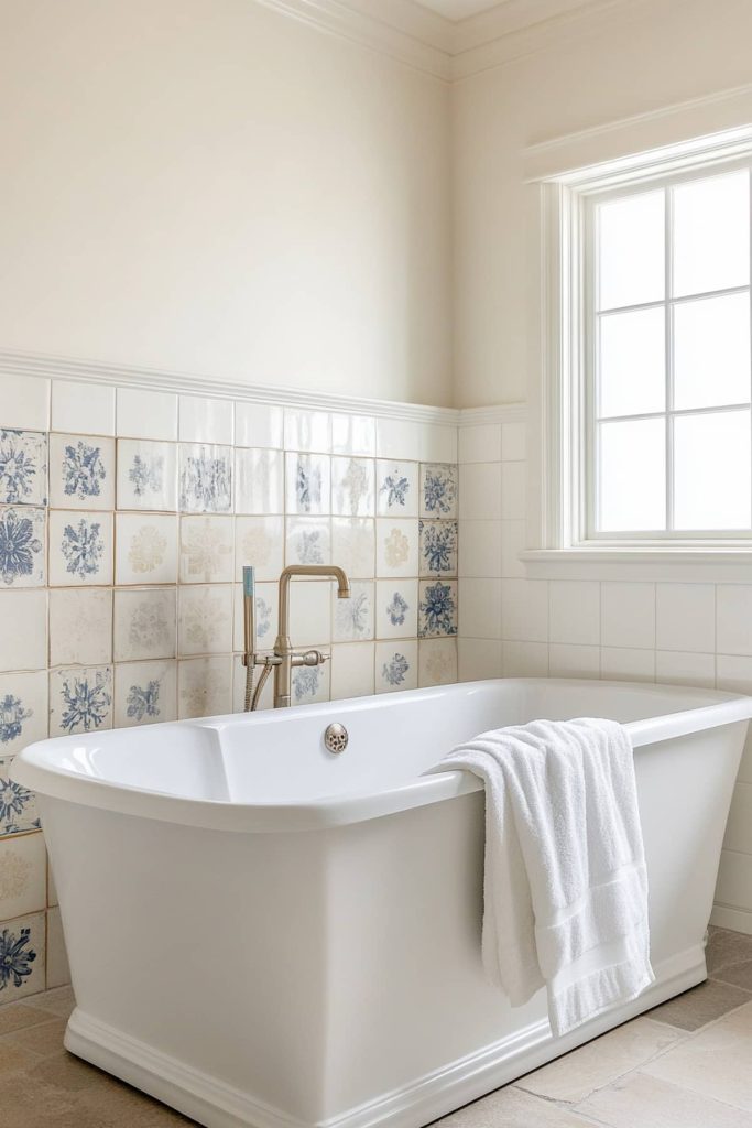 Hand-painted ceramic tiles serve as a stunning backsplash in this French country-style bathroom, each one a miniature canvas showcasing artisan flair. These unique tiles offer a touch of color and creativity.