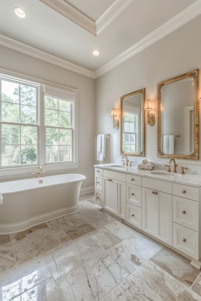 Antique brass lights in this bathroom have a unique patina that helps them brighten the bathroom with a warm glow while highlighting the French country aesthetic. 