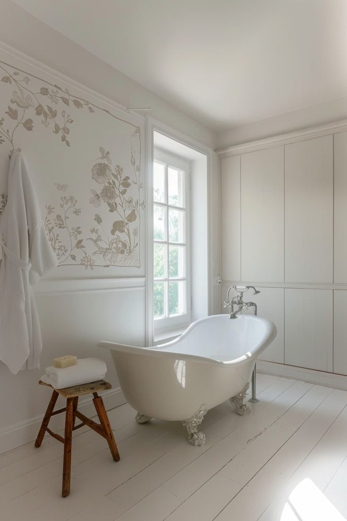 Floral stencil patterns adorn the walls of this all-white bathroom. Her hand-painted strokes add individual beauty to the room, illuminated by multiple candles. The stencils add a touch of unique beauty to the room and give it a personal and warm atmosphere.