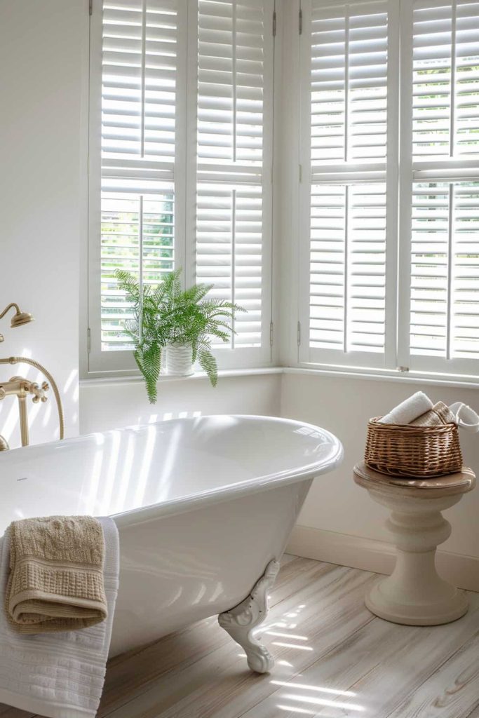 Wooden shutters adorn the windows and orchestrate the light that dances across the room. The shutters provide both privacy and a rustic aesthetic.