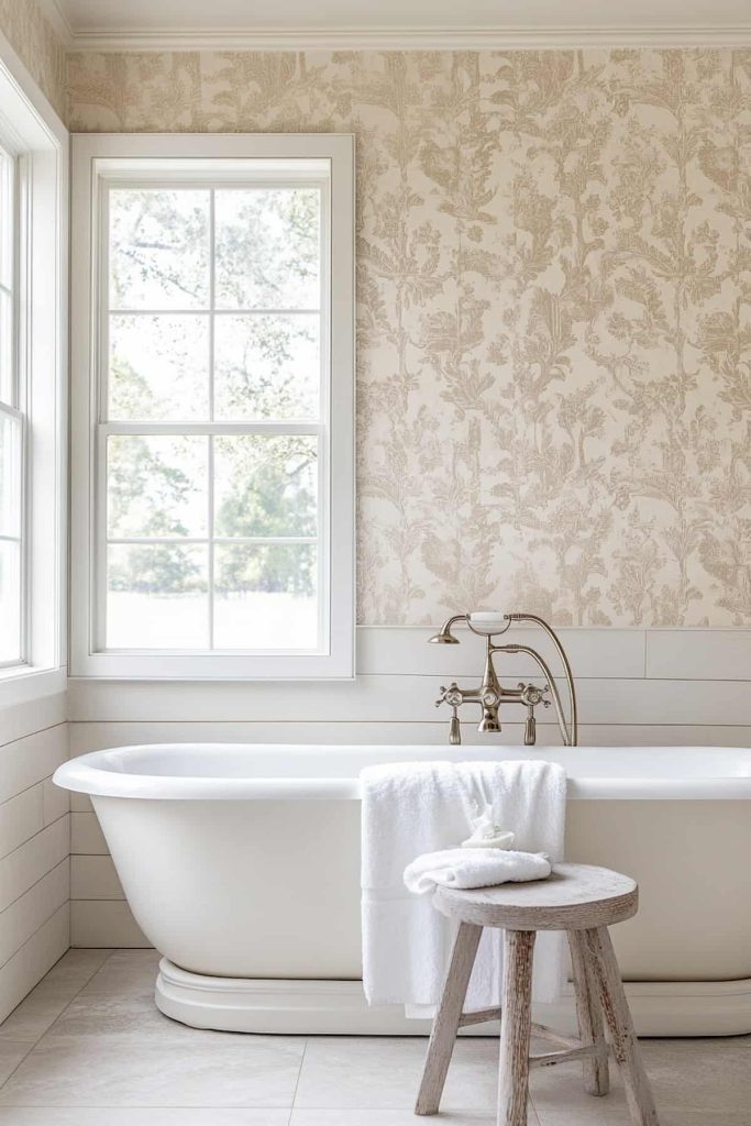 A distinctive wall treatment combines the overlap with the classic damask wallpaper, harmonizing two different textures in a unique overall look. This combination creates a visually interesting and texture-rich background.