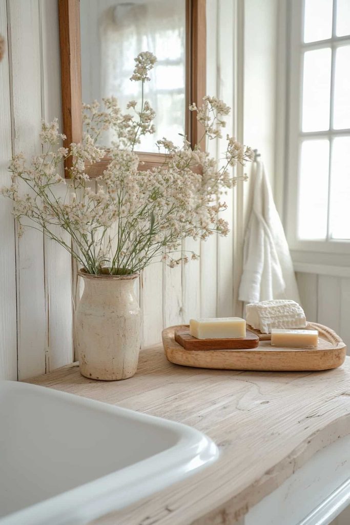 Handcrafted wooden soap dishes and flower vases characterize the room and are a homage to the raw beauty of nature. These handcrafted pieces add a natural, earthy element to bathroom decor.