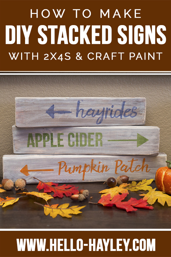 2x4 stacked fall decorations with fall leaves and text of hayrides, apple cider and pumpkin patch