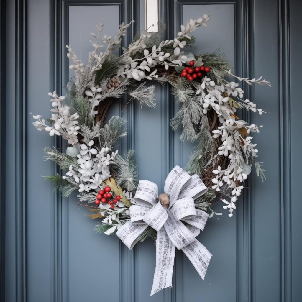 A decorative wreath with white foliage, red berries and a large bow hangs on a blue door.