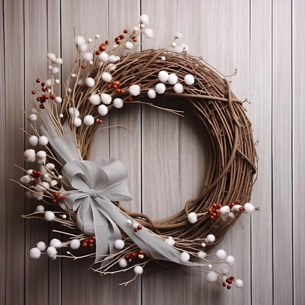 A wreath of intertwined branches decorated with white cotton balls, red berries and a gray bow hangs on a light wooden wall.