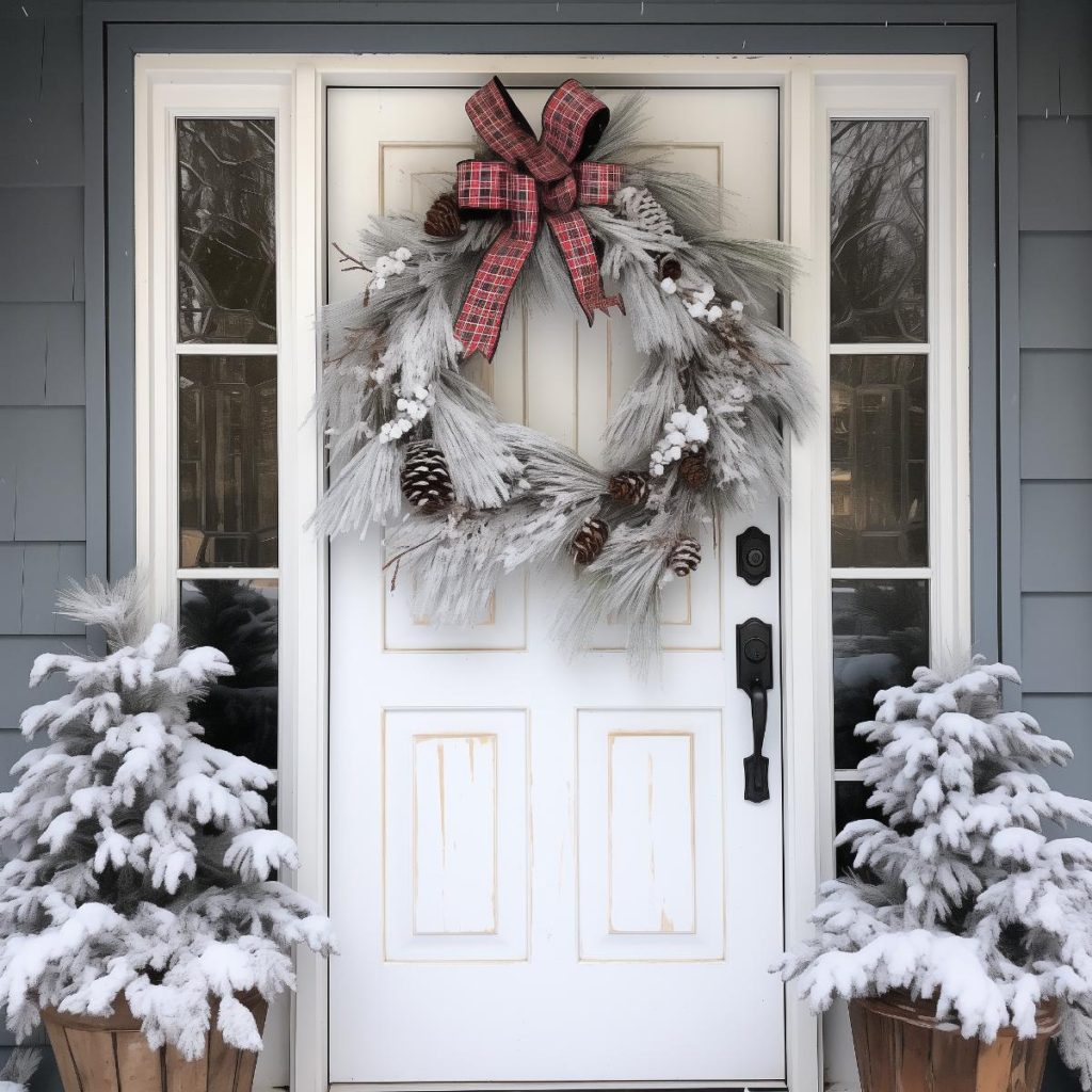 A white front door decorated with a winter wreath of pine cones and a red checkered bow. The entrance is flanked by two small, potted, snow-covered evergreen trees.