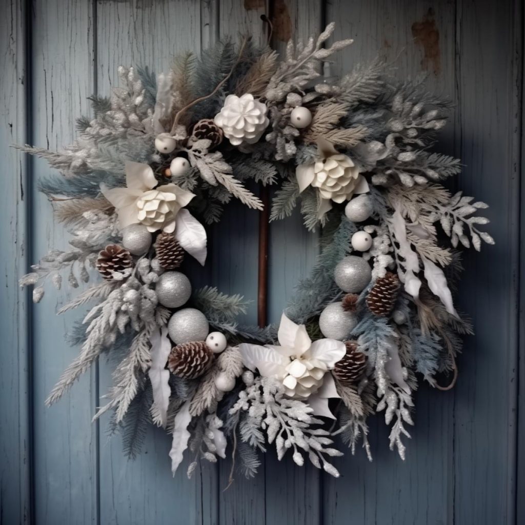 A festive winter wreath decorated with frosted pine cones, white and silver ornaments, artificial flowers and evergreen branches hanging on a weathered blue wooden door.