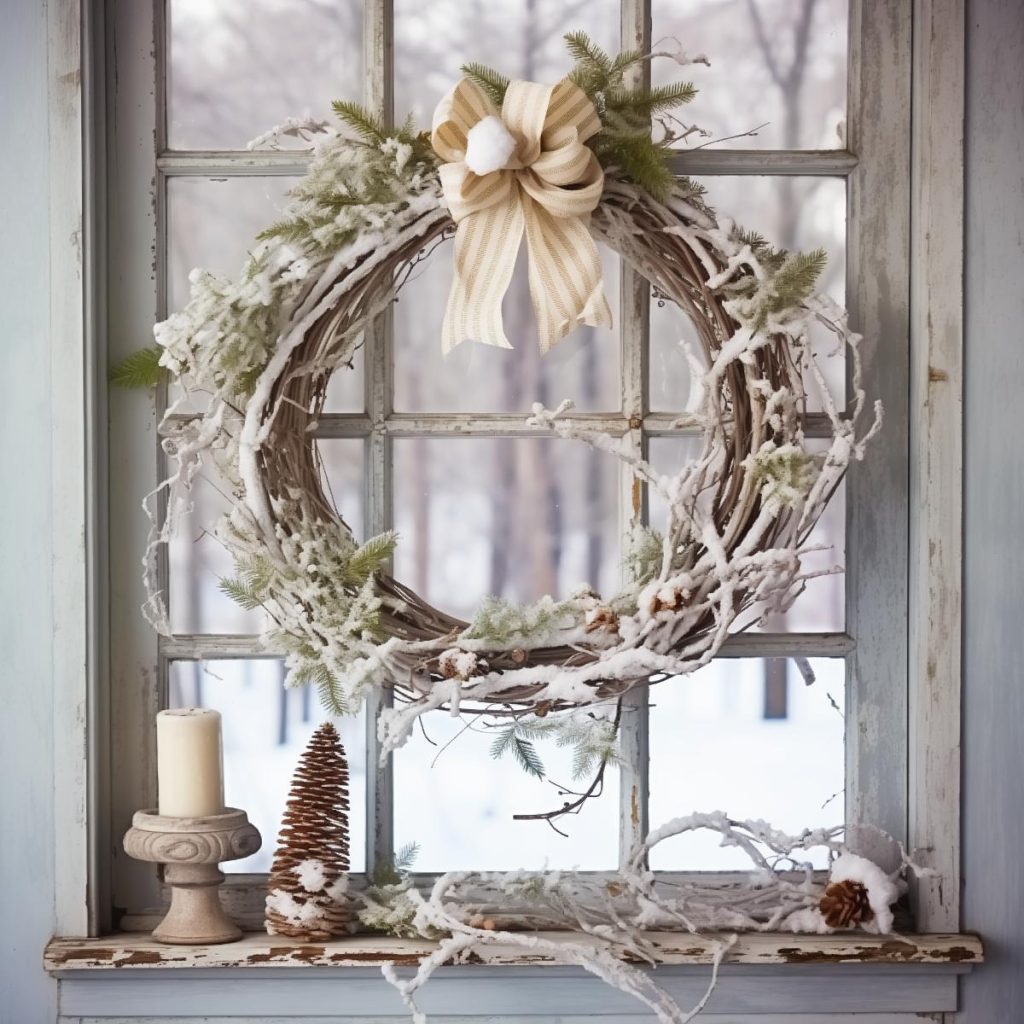 A winter wreath made of twigs, greenery, and beige cotton-accented ribbon hangs on an antique window. There is a pot candle and a pine cone on the windowsill. Snowy landscape seen outside.