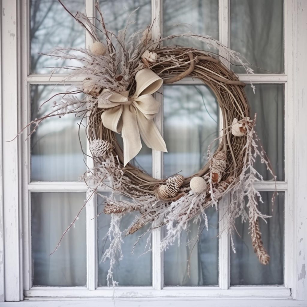 A rustic wreath made of twigs, pine cones and a beige ribbon hangs on a window frame against a backdrop of bare trees.