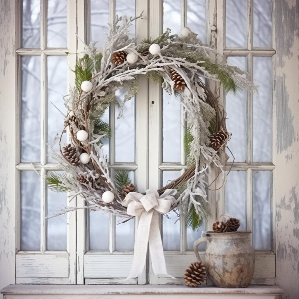 A rustic winter wreath decorated with pine cones, white ornaments and greenery hangs on a distressed wooden window with a snowy scene outside. Below there is an old metal jug with more pine cones.