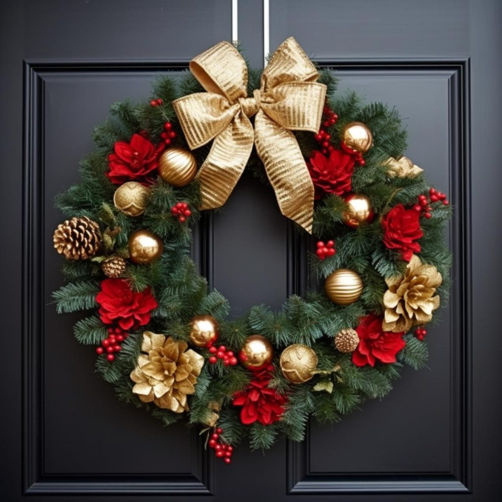 A Christmas wreath with red flowers, gold ornaments, pine cones and a gold ribbon hangs on a black door.