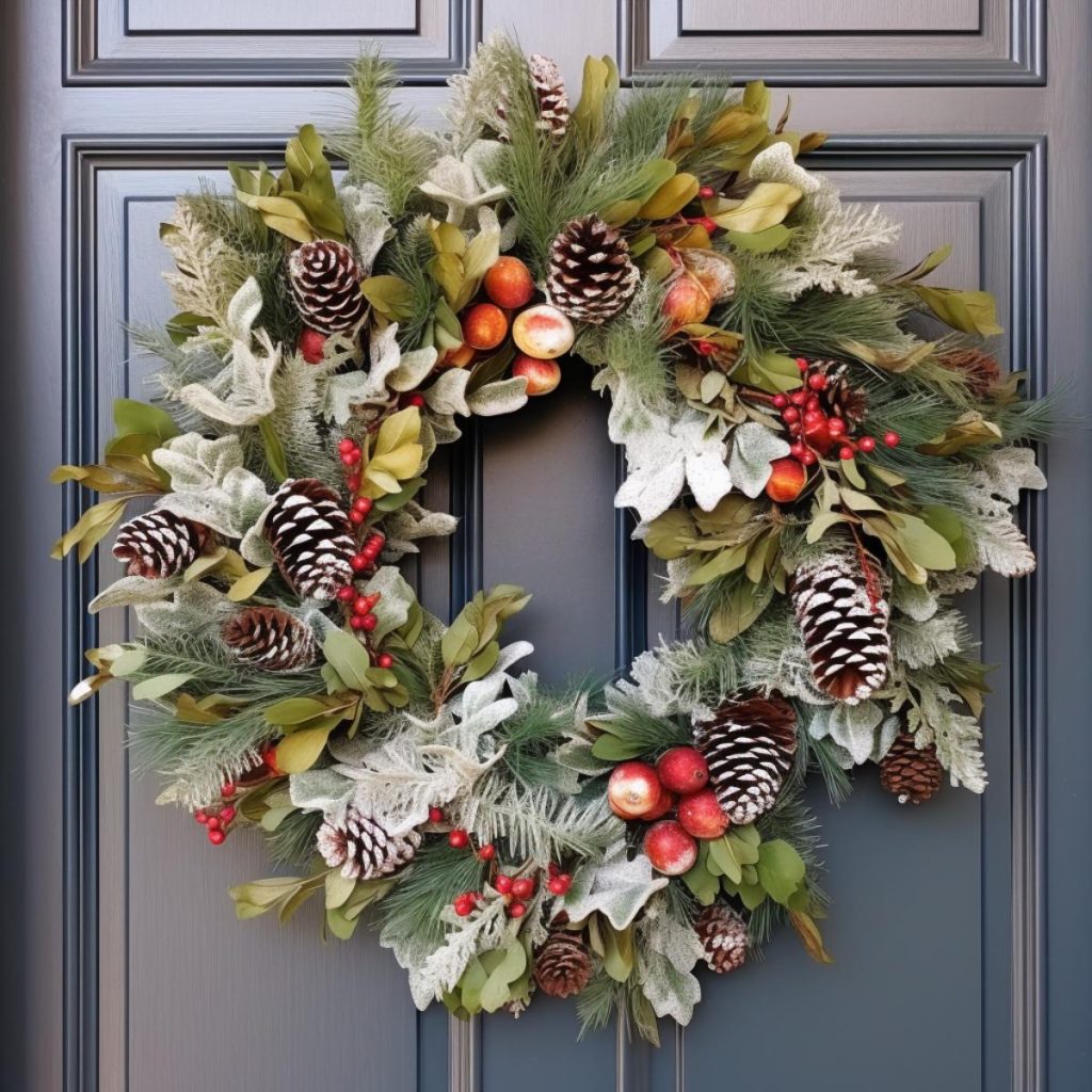 A festive wreath with pine cones, red berries and mixed greenery hangs on a blue door.