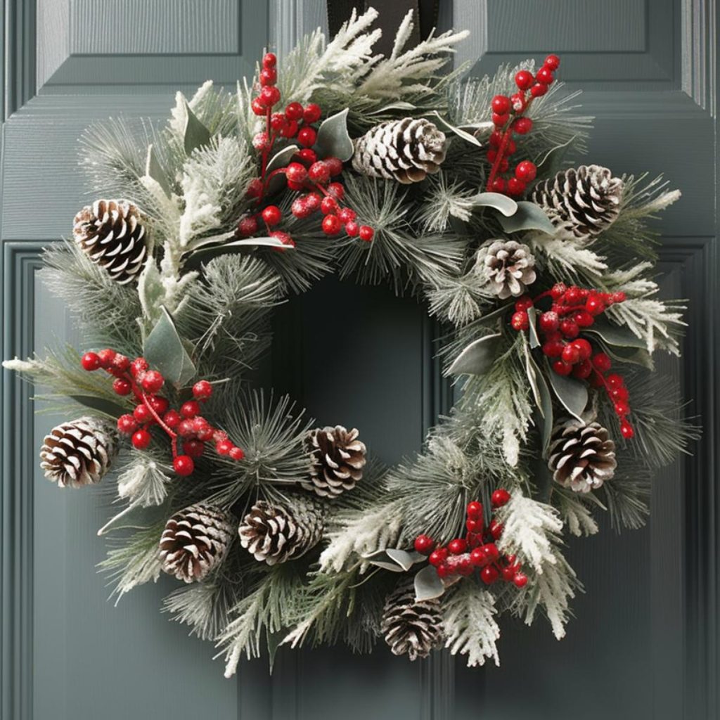 A festive wreath with pine cones, red berries and frosty greenery hangs on a dark green door.