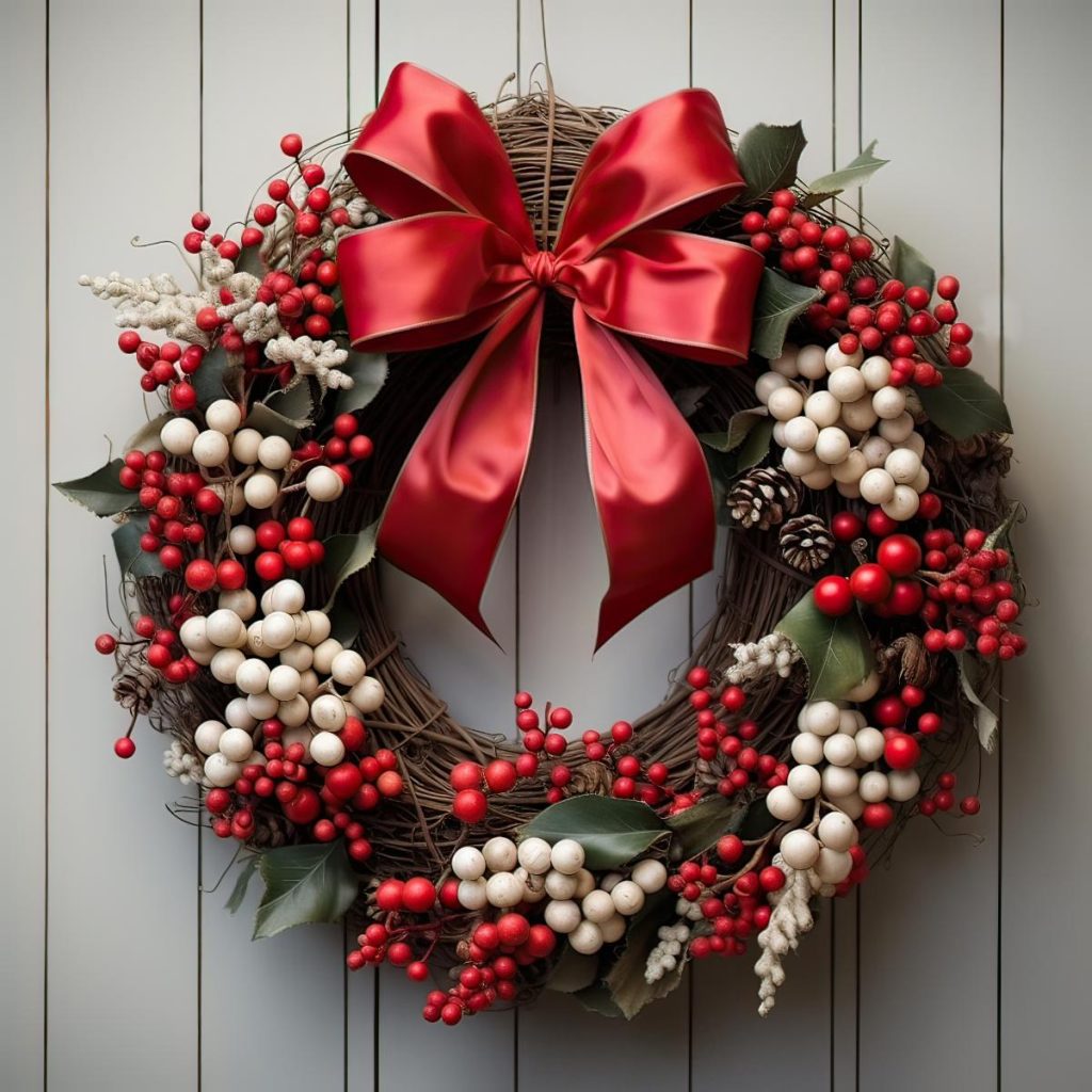 A holiday wreath of intertwined branches decorated with red and white berries, green leaves, pine cones and adorned with a large red satin bow hanging on a white paneled wall.