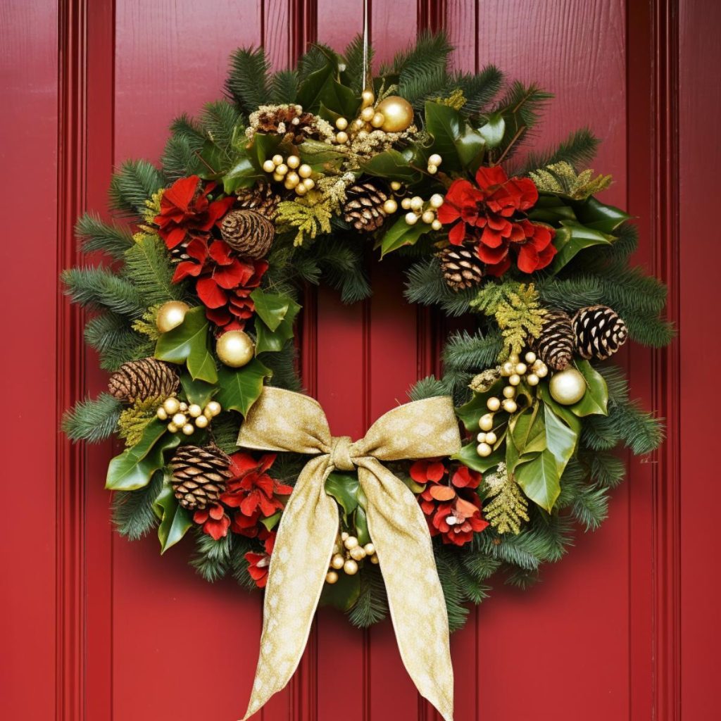 A festive holiday wreath with pine cones, red flowers, gold ornaments and a beige bow hangs on a red door.