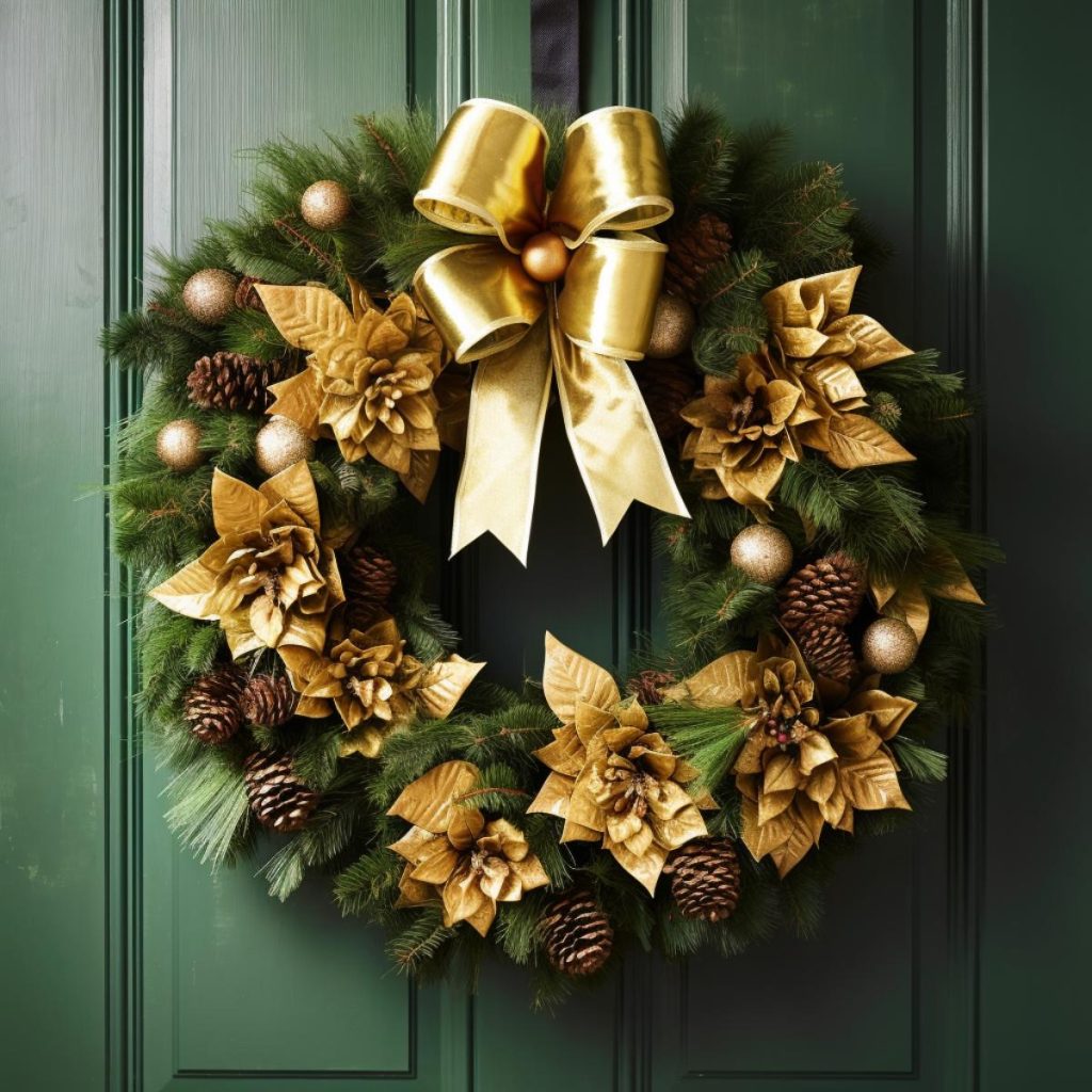 A green door is decorated with a festive wreath decorated with gold flowers, ornaments and a large gold bow. Pine cones are scattered throughout the lush greenery.