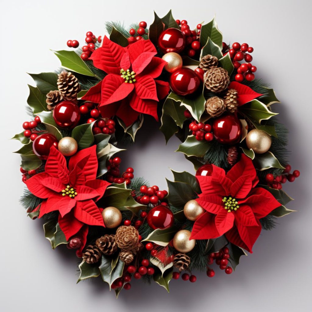 A festive wreath featuring red poinsettias, pine cones, red and gold ornaments and green holly leaves with red berries arranged in a circular design.