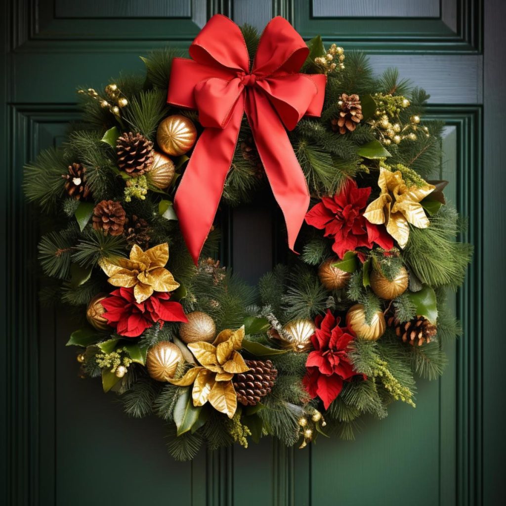 A holiday wreath decorated with red poinsettias, gold leaves, pine cones and a large red bow hangs on a green door.