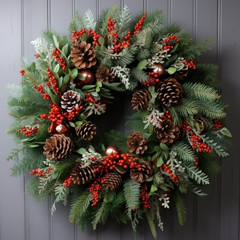 A festive wreath made of pine cones, red berries and pine branches hangs on a gray door.