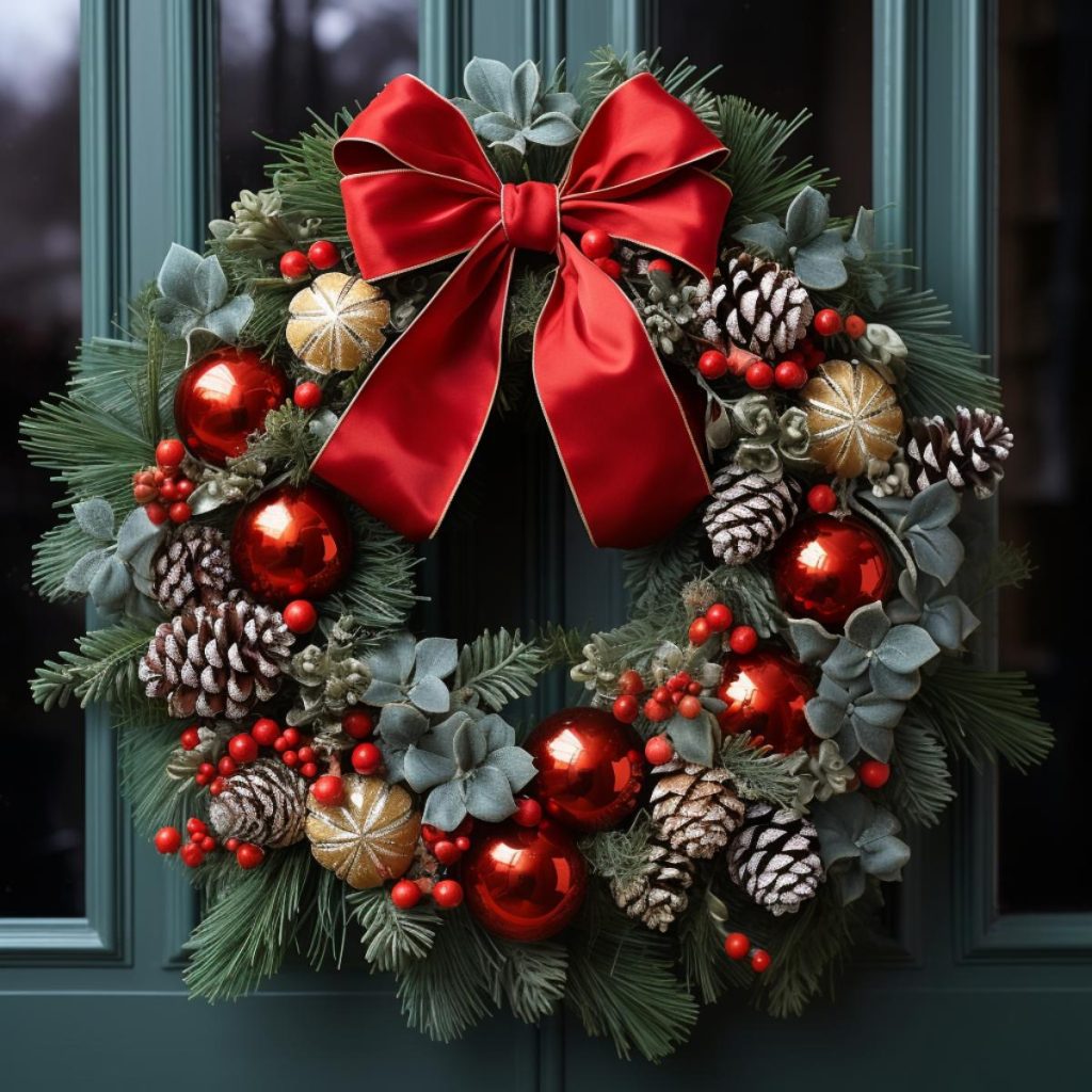 A Christmas wreath decorated with pine cones, red ornaments, gold ornaments, green leaves and a large red bow hangs on a green door.