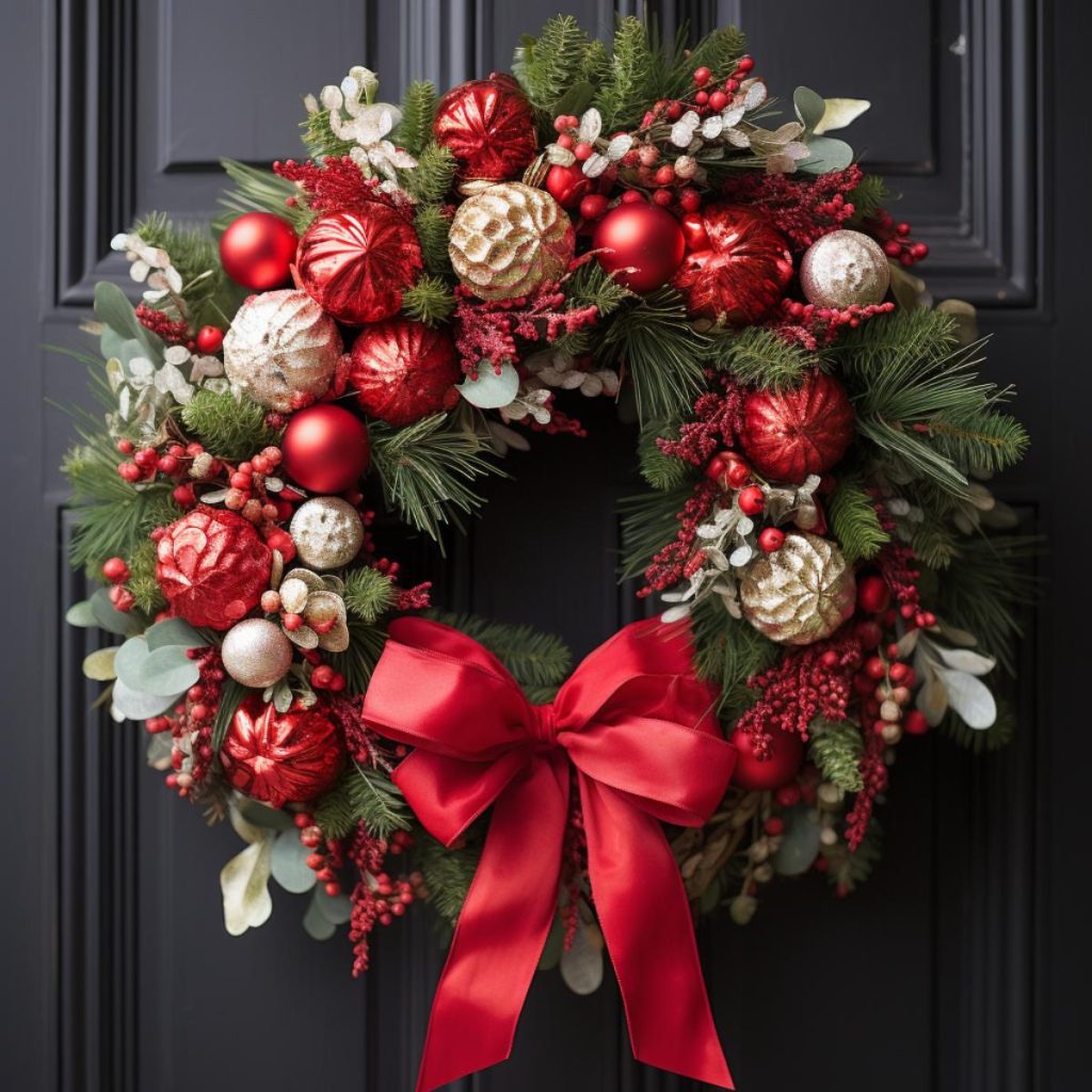 A festive holiday wreath decorated with red and gold ornaments, pine cones, berries and greenery, and a large red ribbon hangs on a dark door.