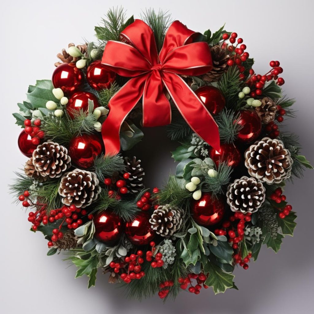 A festive holiday wreath decorated with red ornaments, pine cones, berries and a large red ribbon against a simple background.