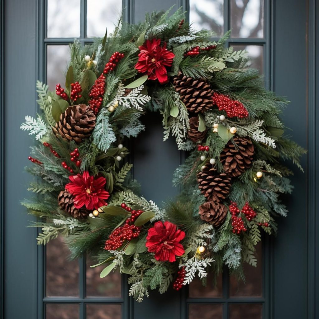 A holiday wreath decorated with pine cones, red flowers, berries and small lights hangs on a dark green door.