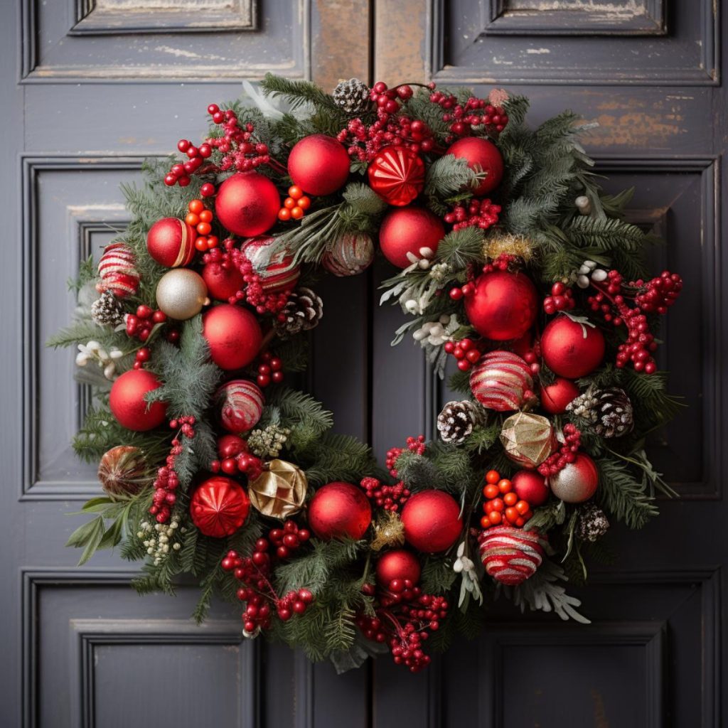 A festive Christmas wreath decorated with red and gold ornaments, berries, pine cones and greenery hanging on a dark wooden door.