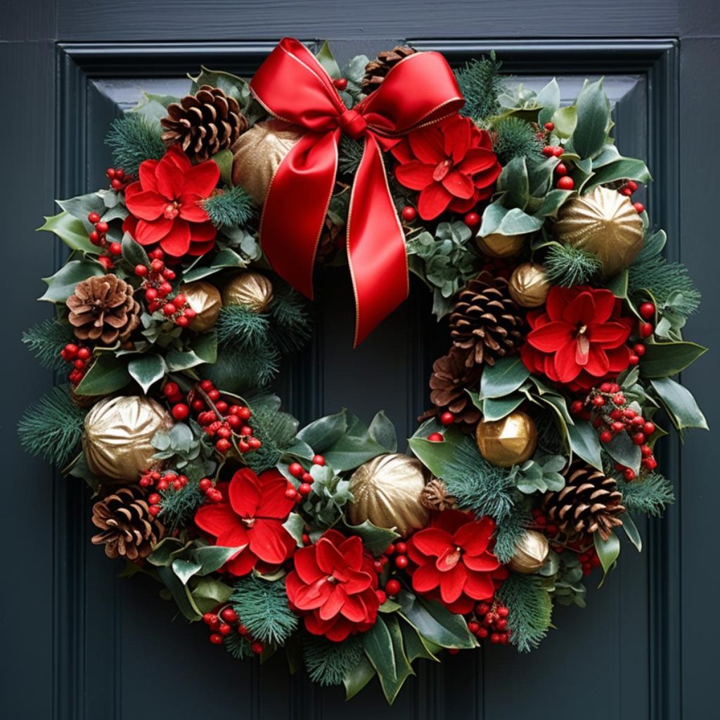 A festive holiday wreath with red flowers, pine cones, gold ornaments and a red bow hangs on a dark green door.