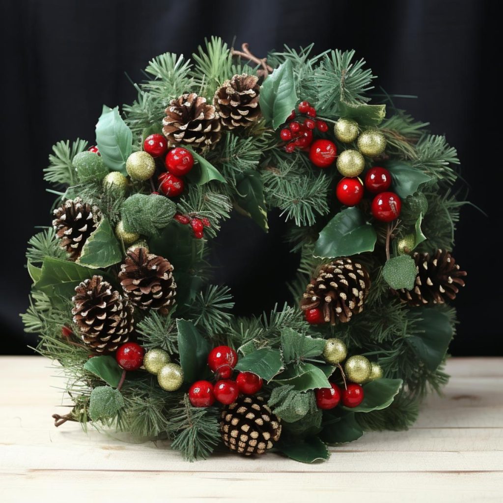 A decorative holiday wreath made from pine branches, pine cones, red berries and gold ornaments.