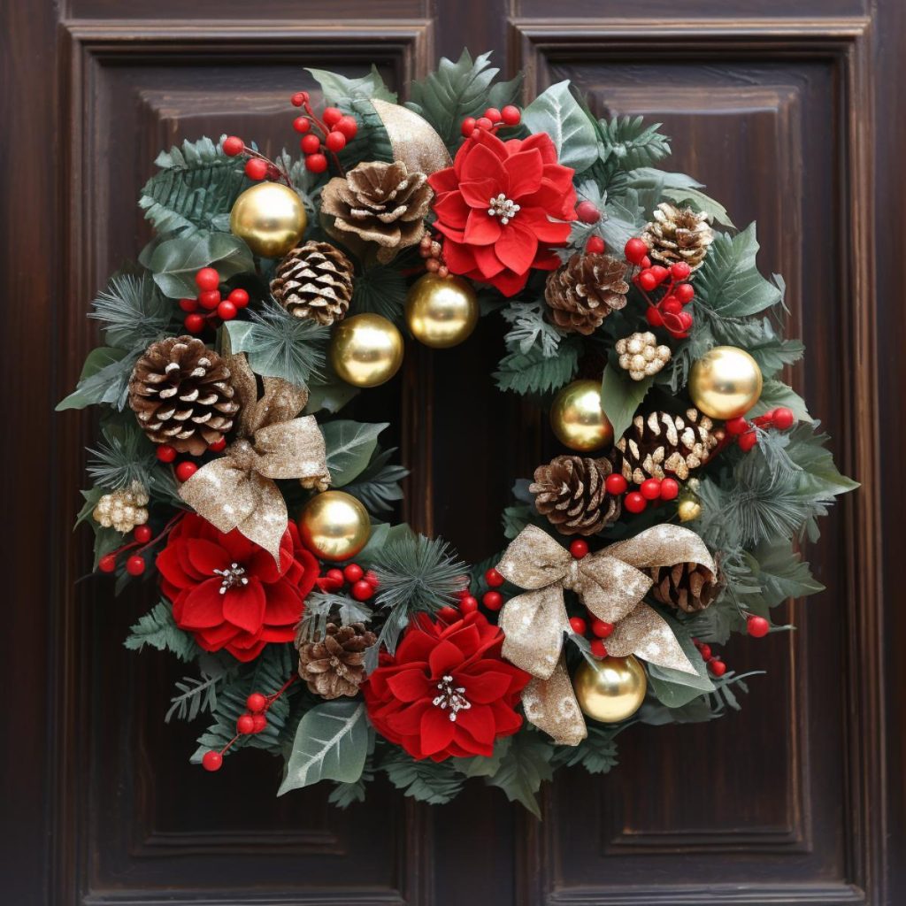 A festive wreath with red flowers, pine cones, gold ornaments and glittering bows hangs on a wooden door.