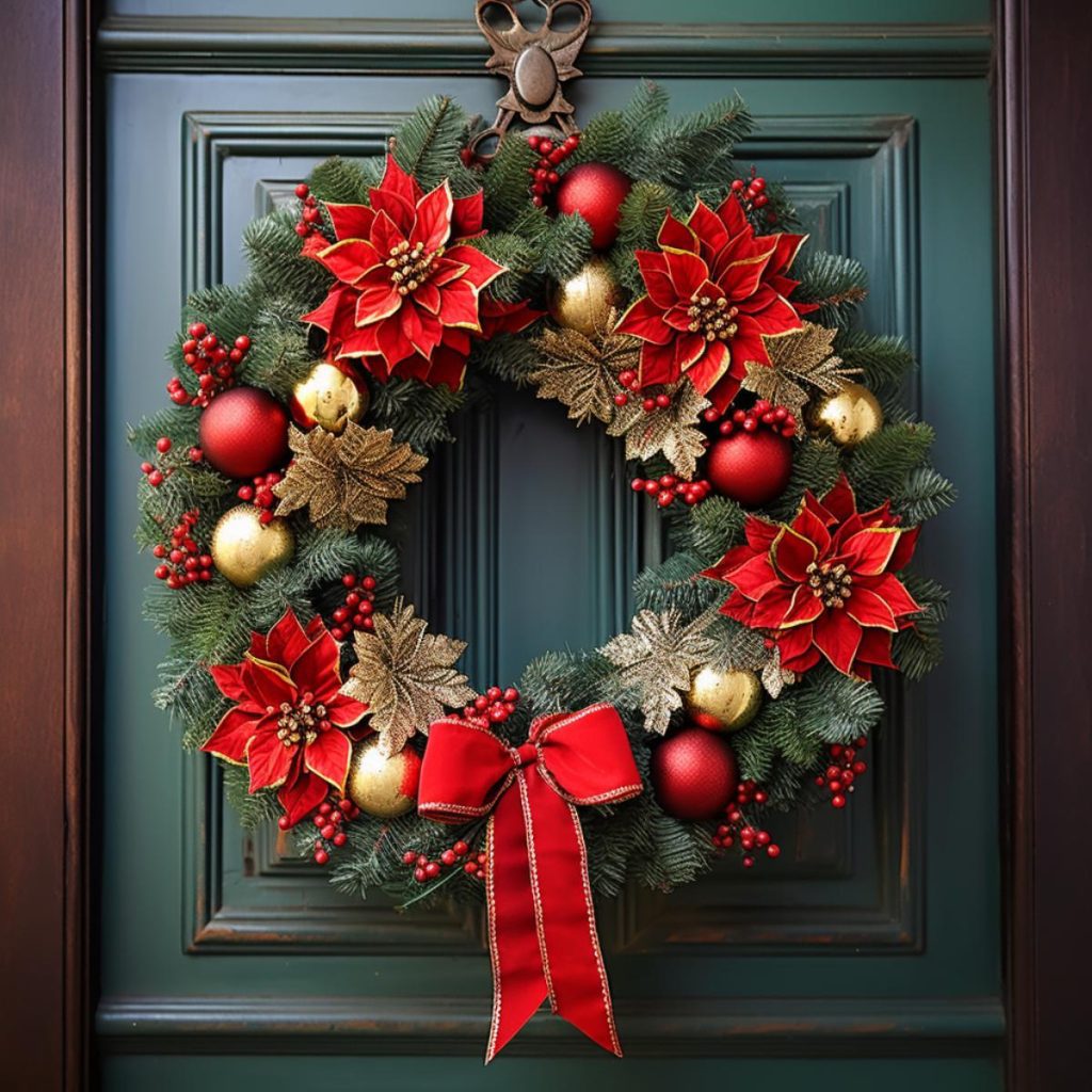 A holiday wreath with red and gold ornaments, poinsettias and a red bow hangs on a green door.