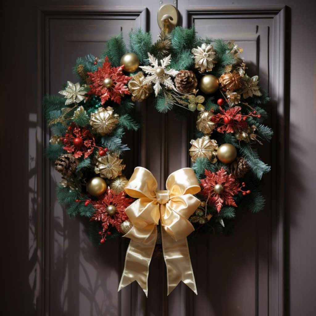 A festive holiday wreath hangs on a door, decorated with gold and red ornaments, pine cones and a large gold ribbon at the bottom.