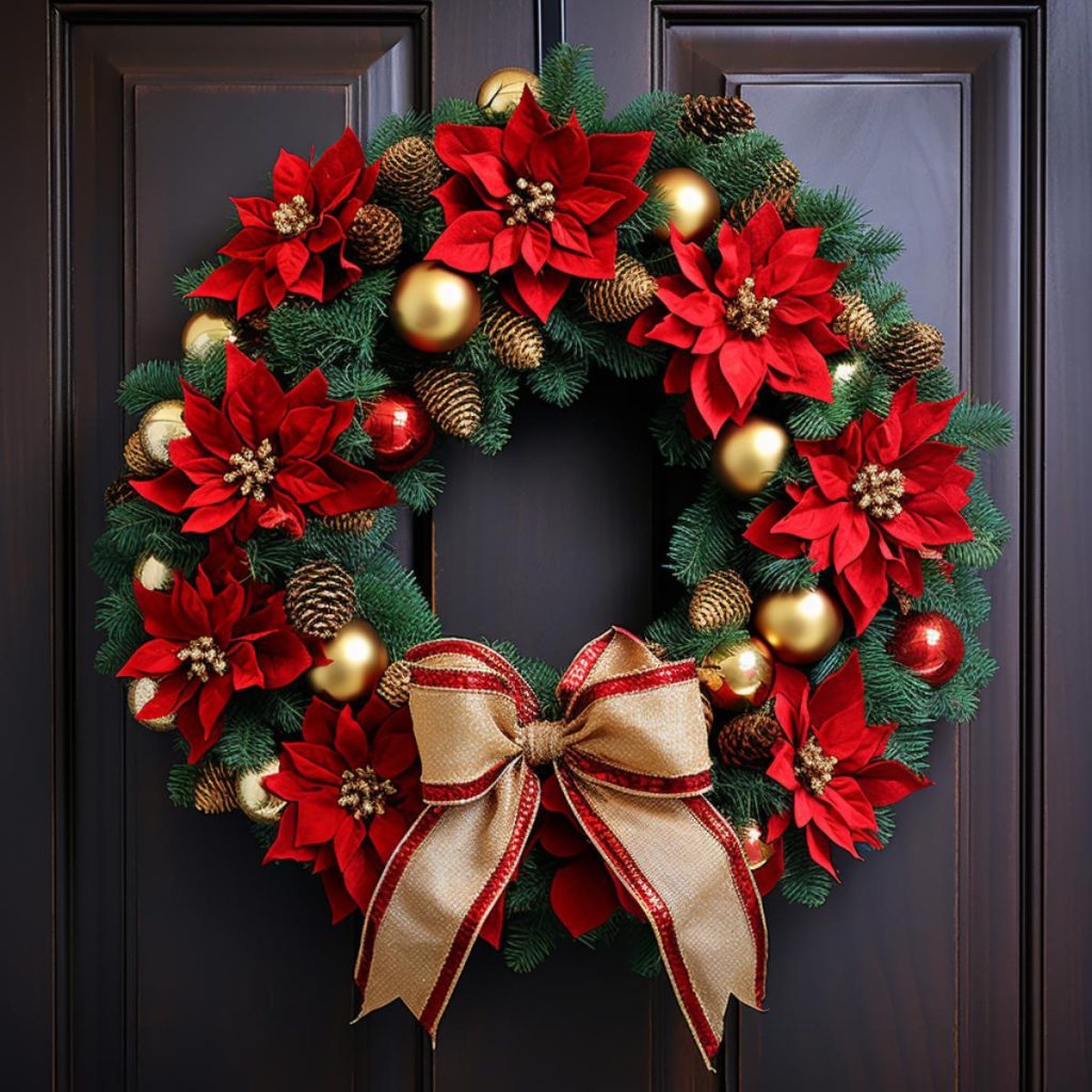 A festive holiday wreath hangs on a dark wooden door, decorated with red poinsettias, gold and red ornaments, pine cones and a large gold and red ribbon.