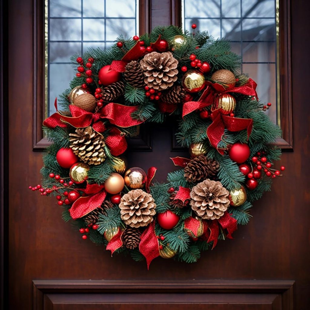 A festive wreath with red ribbons, pine cones and ornaments hangs on a wooden door.