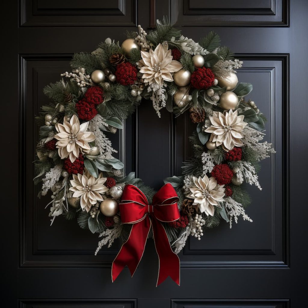 A festive wreath with red and white flowers, gold ornaments and a red bow hangs on a dark door.