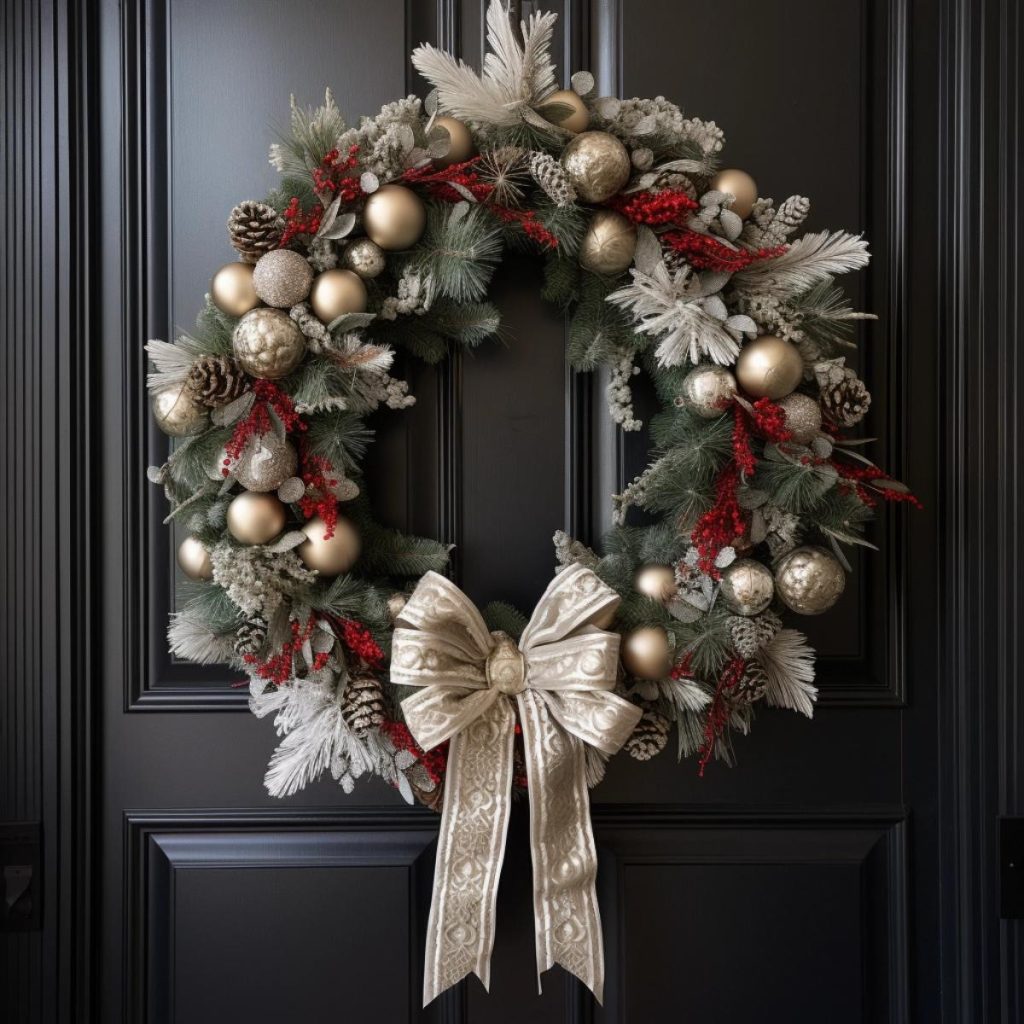 A festive wreath decorated with gold ornaments, pine cones and red berries hangs on a dark door and is tied at the bottom with a large gold bow.