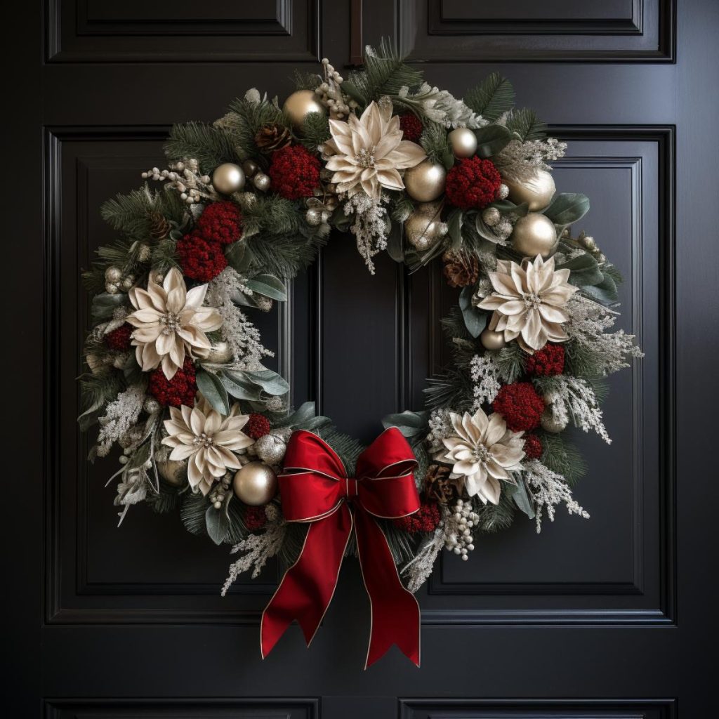 A festive wreath with white poinsettias, red roses, silver ornaments and a red bow hanging on a dark door.